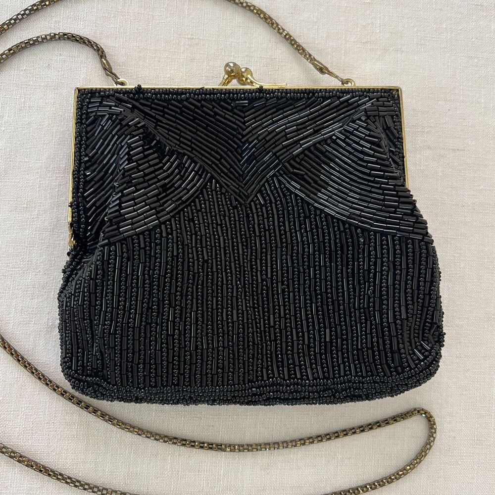 Vintage Magid Black Beaded Art Deco Whimsigoth Evening Bag Long Shoulder Strap